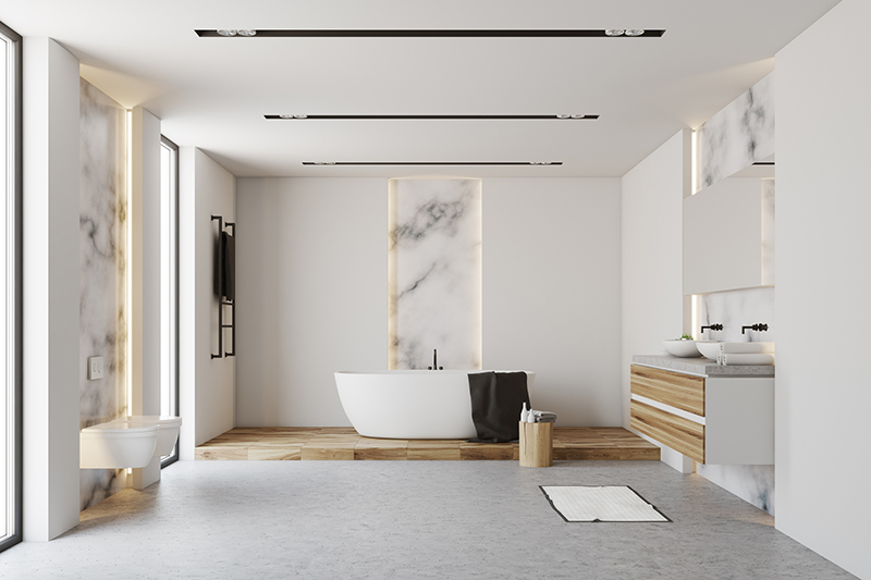 modern bathtub with floating vanity.